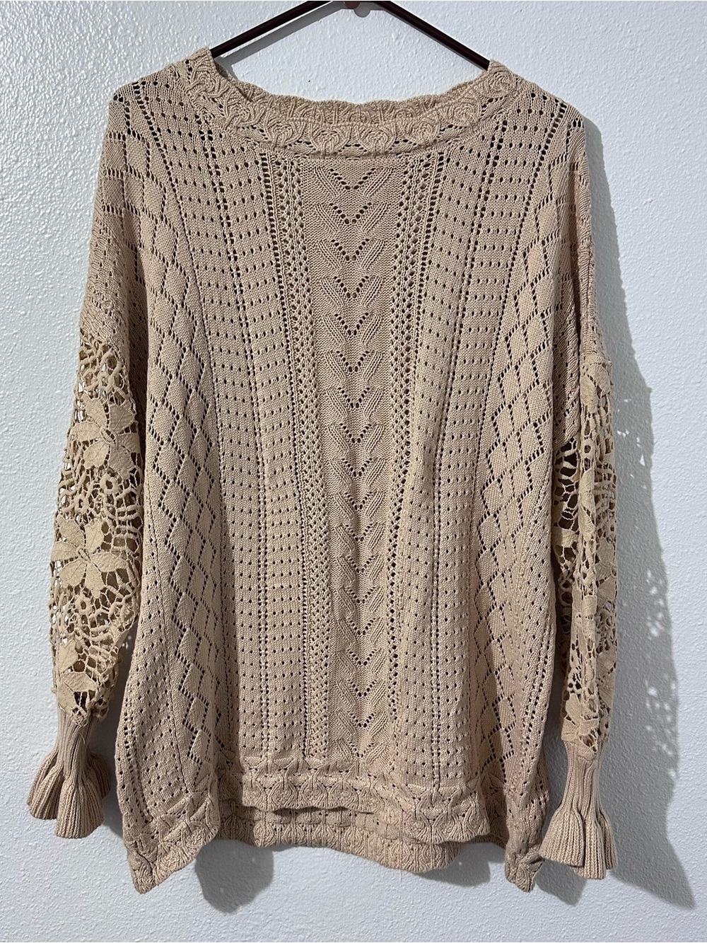 Crochet-Sleeve Knit Pullover Sweater - Beige